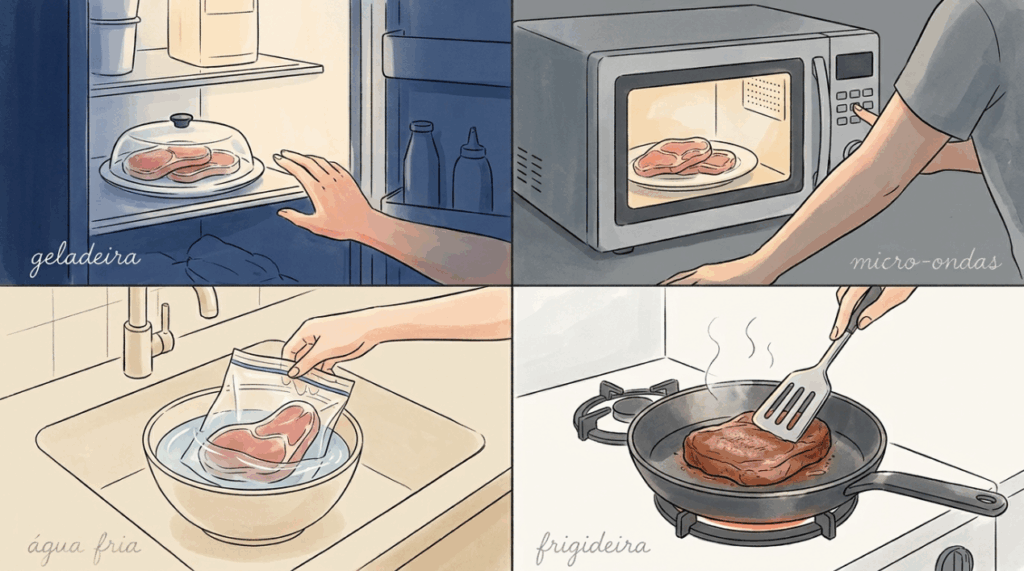 Descongelar a carne de cima da mesa em temperatura ambiente parece inofensivo, mas transforma o alimento em um campo de proliferação bacteriana