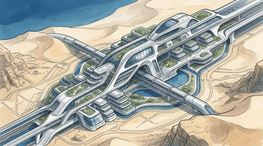 Como engenheiros tentaram erguer uma cidade linear de 170 km no deserto sem esmagar a cadeia global de suprimentos com a força dos custos astronômicos