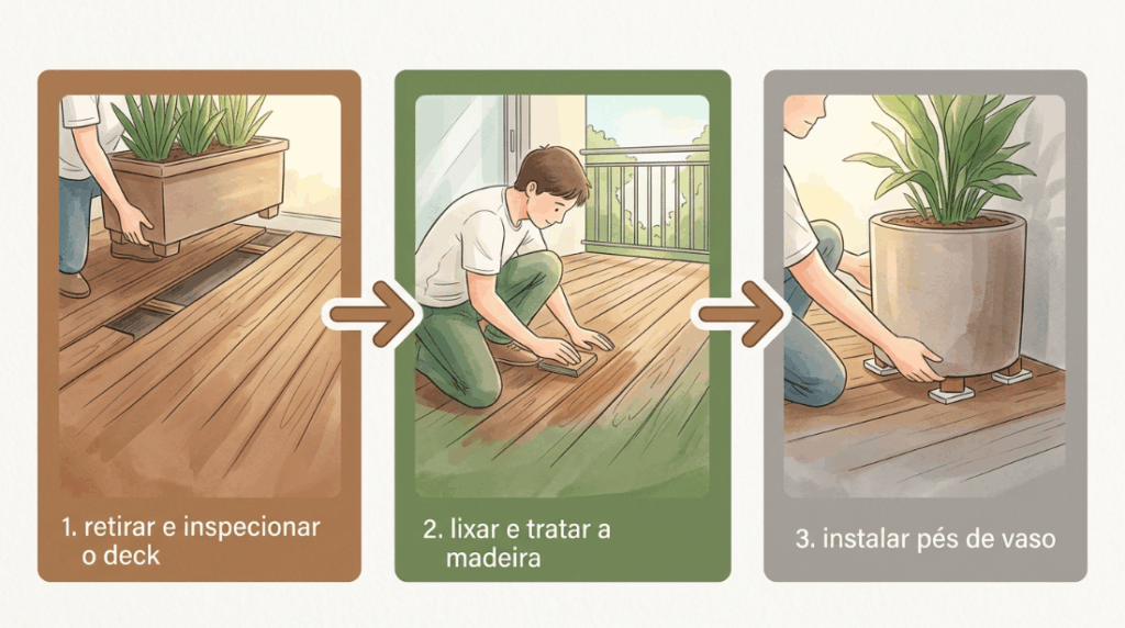 Deixar vasos grandes direto sobre o deck de madeira da varanda cria um bolsão de umidade que apodrece e mancha o piso permanentemente
