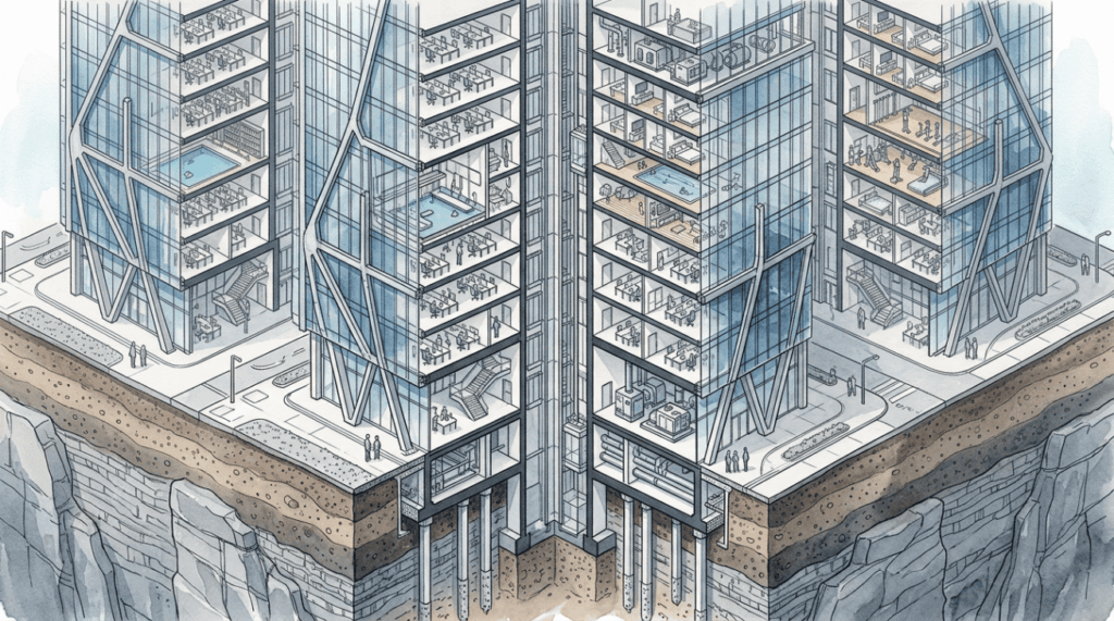 Como projetistas conseguiram erguer núcleos de concreto capazes de absorver ventos extremos antes de montar os andares