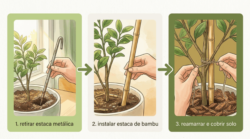 Usar vergalhões de ferro enferrujados como tutor para as plantas pode transferir calor e queimar o caule sensível nos dias mais quentes