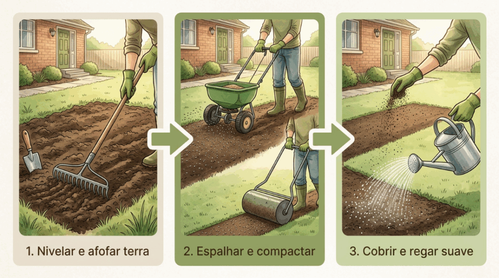 Jogar sementes de grama direto no chão sem cobrir ou apertar levemente a terra resulta em um gramado raleado porque os pássaros fazem a festa