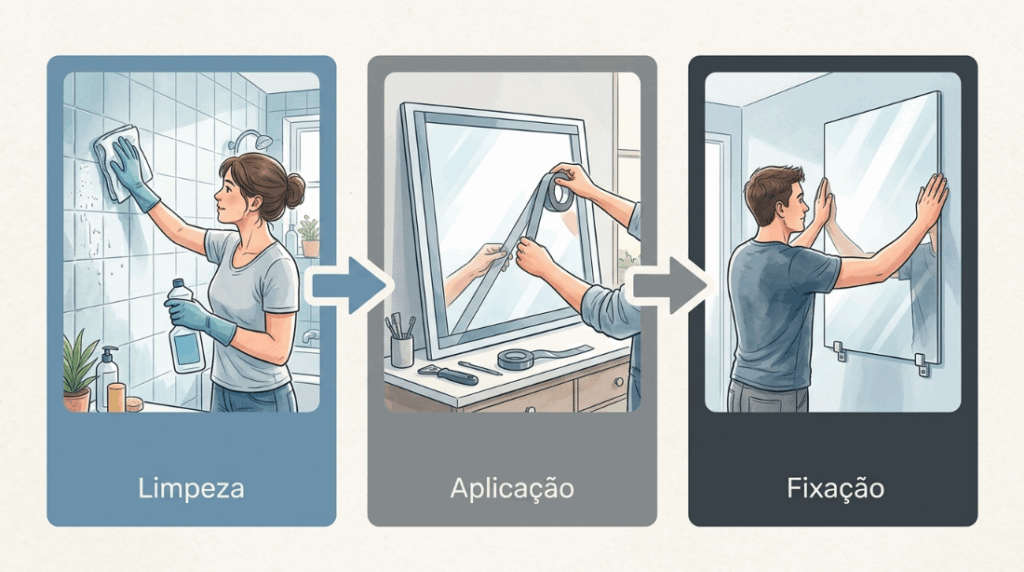O espelho do banheiro colado com fita dupla face pode despencar do nada se o produto não for específico para áreas úmidas