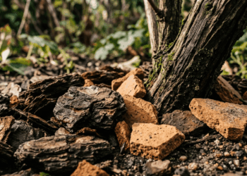 Colocar a casca de pinus encostada direto no caule da planta para enfeitar o vaso pode apodrecer a base e atrair doenças