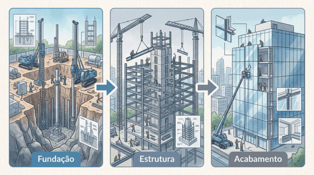 Como projetistas conseguiram erguer núcleos de concreto capazes de absorver ventos extremos antes de montar os andares