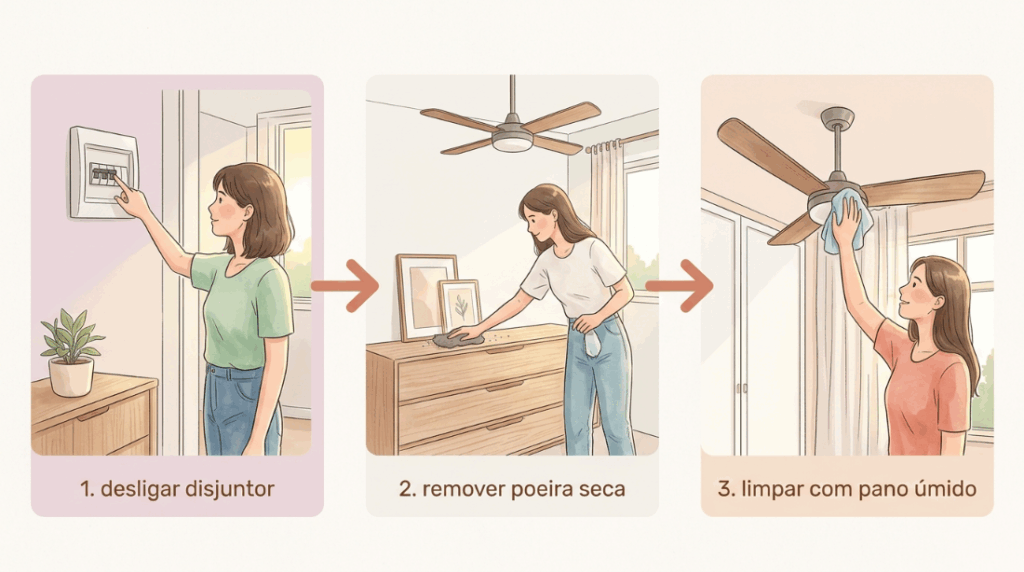 Seu ventilador de teto balança inteiro e faz um barulho estranho ao ligar na velocidade máxima? O segredo pode ser uma camada invisível de pó nas pás