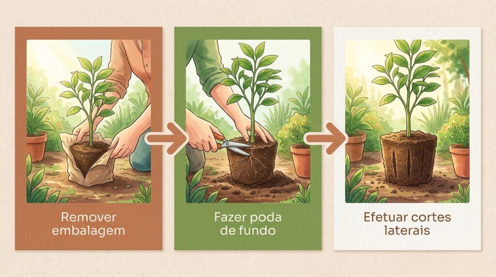 Plantar a muda tirada do saquinho sem abrir e soltar as raízes enroladas impede que a árvore crie sustentação e ela pode tombar no futuro