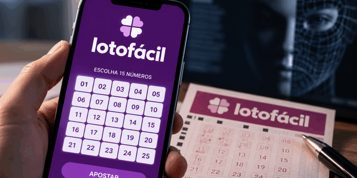 Lotofácil aparece na tela de celular enquanto rosto de inteligência artificial surge ao fundo.