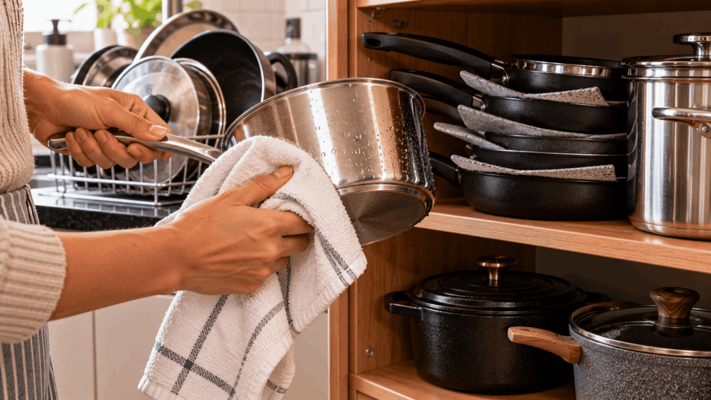 Pessoa secando uma panela de aço inox com um pano limpo antes de guardá-la em um armário organizado com panelas antiaderentes e de ferro fundido.
