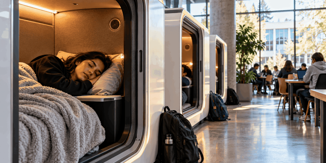 Estudante universitário descansando em uma cápsula individual para cochilos durante o intervalo das aulas.