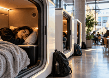 Estudante universitário descansando em uma cápsula individual para cochilos durante o intervalo das aulas.