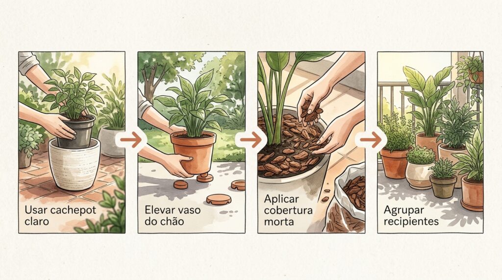 Os vasos de plástico preto no pátio estão a definhar ao sol do meio-dia? O sobreaquecimento do substrato está a cozer a planta