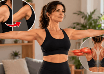 Mulher acima dos 40 anos executando a elevação lateral em T em casa.Manter os braços alinhados à altura dos ombros exige controle postural e concentração — Créditos: Imagem gerada por IA