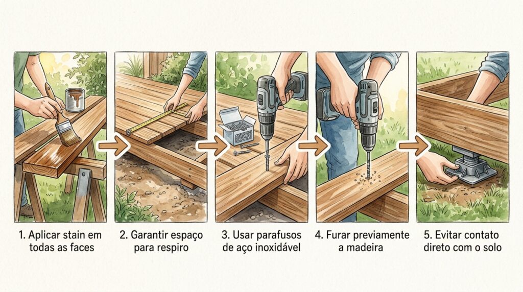 As tábuas maciças do deck do quintal estão empenando para cima e levantando os pregos com uma força brutal? A face inferior está a sugar a umidade do solo