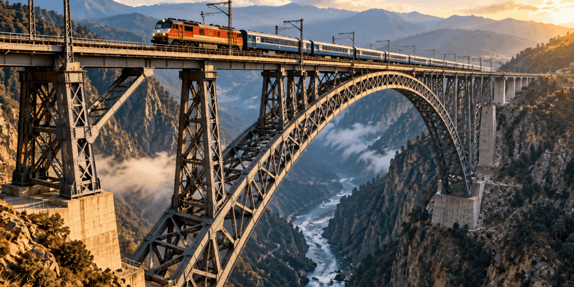 Ponte ferroviária metálica com arco de aço atravessando um vale profundo entre montanhas, com um trem sobre a estrutura.