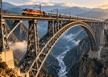Ponte ferroviária metálica com arco de aço atravessando um vale profundo entre montanhas, com um trem sobre a estrutura.