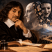 René Descartes examinando manuscritos em seu gabinete durante uma reflexão filosófica.