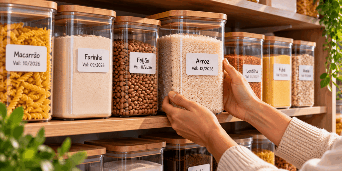 Potes transparentes com tampas de bambu e etiquetas de identificação organizados em prateleiras, contendo arroz, feijão, farinha, macarrão e outros mantimentos.