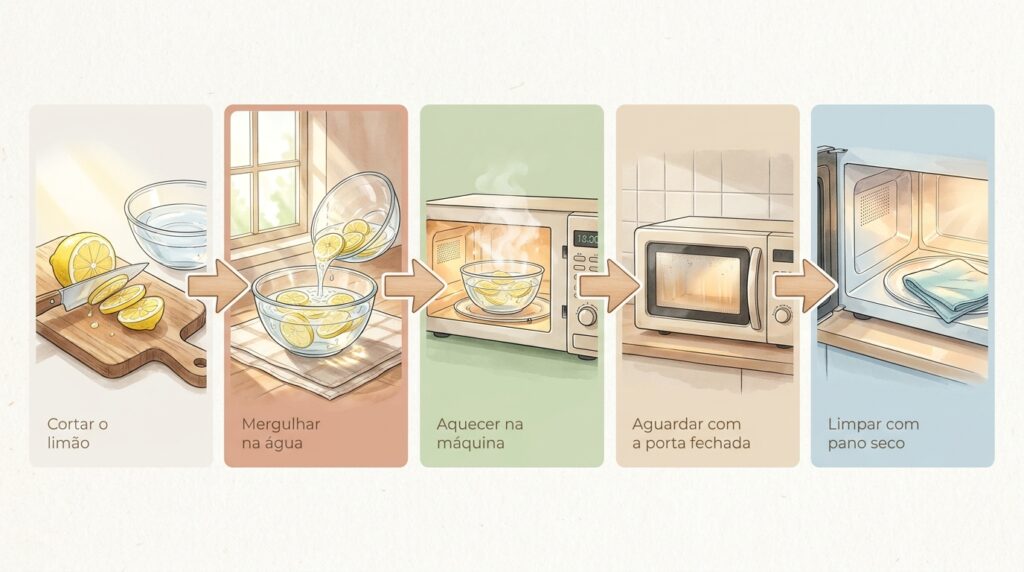 O micro-ondas ficou com cheiro forte de pipoca ou peixe do dia anterior? Um banho de vapor cítrico renova o ar do eletrodoméstico