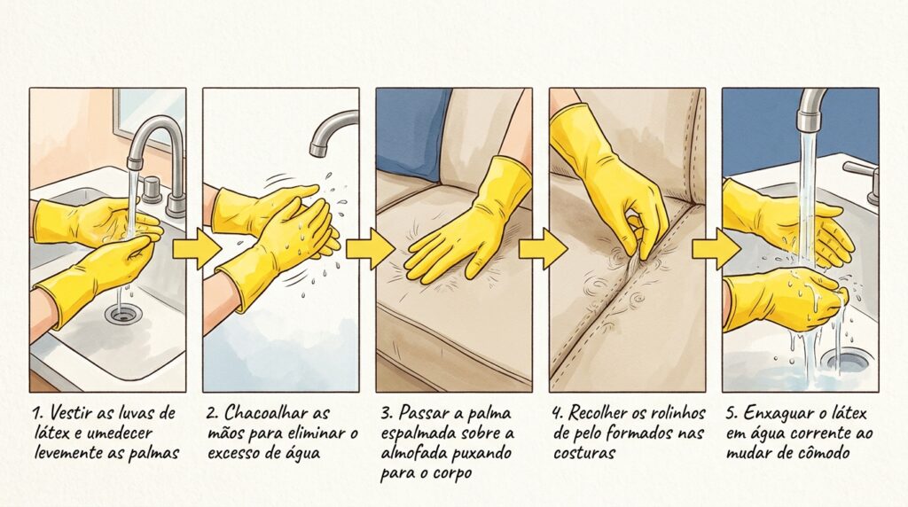 O truque da luva de borracha úmida que arranca todos os pelos de pet do sofá em uma passada