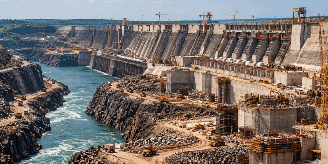 Construção da Usina Hidrelétrica de Itaipu com grandes blocos de concreto, guindastes e máquinas às margens do Rio Paraná.