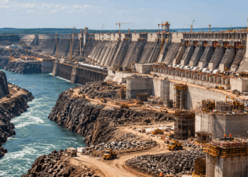 Construção da Usina Hidrelétrica de Itaipu com grandes blocos de concreto, guindastes e máquinas às margens do Rio Paraná.