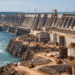 Construção da Usina Hidrelétrica de Itaipu com grandes blocos de concreto, guindastes e máquinas às margens do Rio Paraná.
