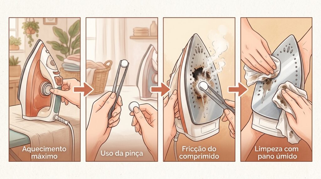 A base do ferro de engomar ficou com uma crosta preta agarrada? Um comprimido de paracetamol derrete o sintético queimado