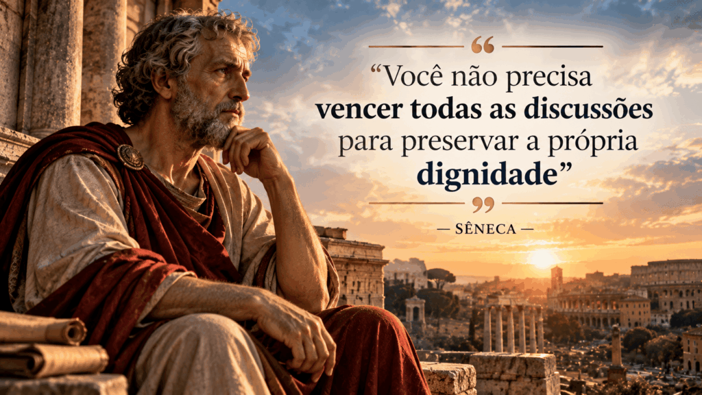 Representação artística de Sêneca, filósofo estoico romano, contemplando as ruínas da Roma Antiga ao pôr do sol, acompanhada da frase sobre preservar a própria dignidade sem vencer todas as discussões.