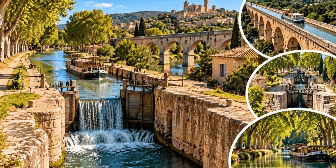 Canal histórico no sul da França com eclusas de pedra, embarcação turística, aqueduto em arcos e vegetação ao longo das margens.