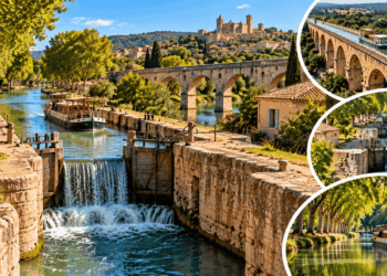 Canal histórico no sul da França com eclusas de pedra, embarcação turística, aqueduto em arcos e vegetação ao longo das margens.