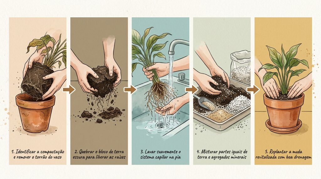 O erro de usar terra preta pura no vaso que transforma o solo em um tijolo impenetrável