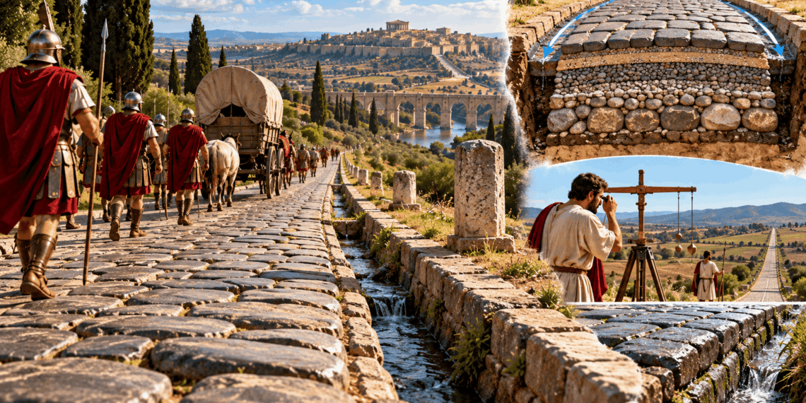 Estrada romana pavimentada com grandes pedras, soldados e carroças atravessando uma paisagem histórica, com detalhes da drenagem e das camadas de construção.