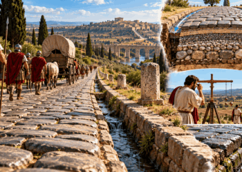 Estrada romana pavimentada com grandes pedras, soldados e carroças atravessando uma paisagem histórica, com detalhes da drenagem e das camadas de construção.