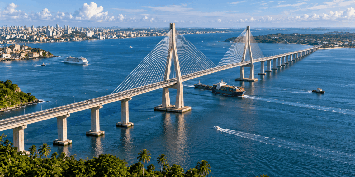 Vista aérea ilustrativa de uma grande ponte estaiada atravessando a Baía de Todos-os-Santos, com navios, águas azuis e áreas urbanas costeiras.