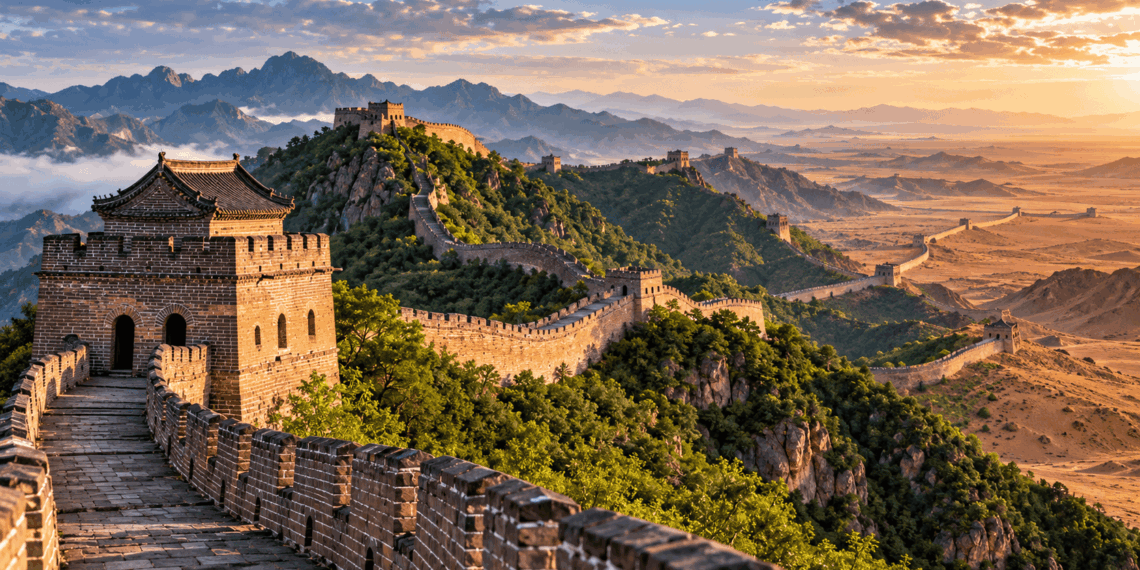 Grande Muralha da China atravessando montanhas e regiões áridas, com torres de vigilância e muralhas de pedra ao nascer do sol.
