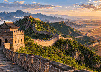 Grande Muralha da China atravessando montanhas e regiões áridas, com torres de vigilância e muralhas de pedra ao nascer do sol.