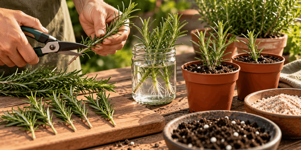 Mãos cortando ramos saudáveis de alecrim para preparar mudas, com estacas em um recipiente com água e outras plantadas em vasos com substrato drenante.