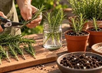 Mãos cortando ramos saudáveis de alecrim para preparar mudas, com estacas em um recipiente com água e outras plantadas em vasos com substrato drenante.