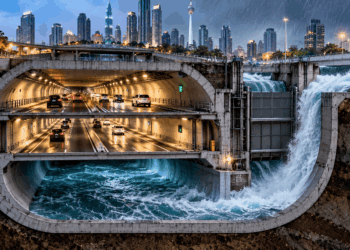 Corte ilustrativo do túnel SMART de Kuala Lumpur mostrando a rodovia subterrânea e a galeria de desvio de águas pluviais.