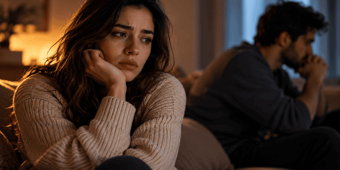 Mulher emocionalmente abalada sentada ao lado do parceiro distante, representando a insegurança emocional e a busca por reconhecimento no relacionamento.