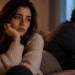 Mulher emocionalmente abalada sentada ao lado do parceiro distante, representando a insegurança emocional e a busca por reconhecimento no relacionamento.