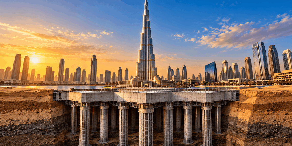 Corte ilustrativo do Burj Khalifa mostrando a fundação de concreto armado e as estacas profundas sob o arranha-céu.