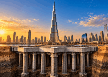 Corte ilustrativo do Burj Khalifa mostrando a fundação de concreto armado e as estacas profundas sob o arranha-céu.
