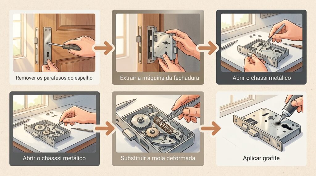 A porta de correr emperra na hora de encostar e a tranca não estala direito? O desalinhamento forçou o mecanismo interno da fechadura