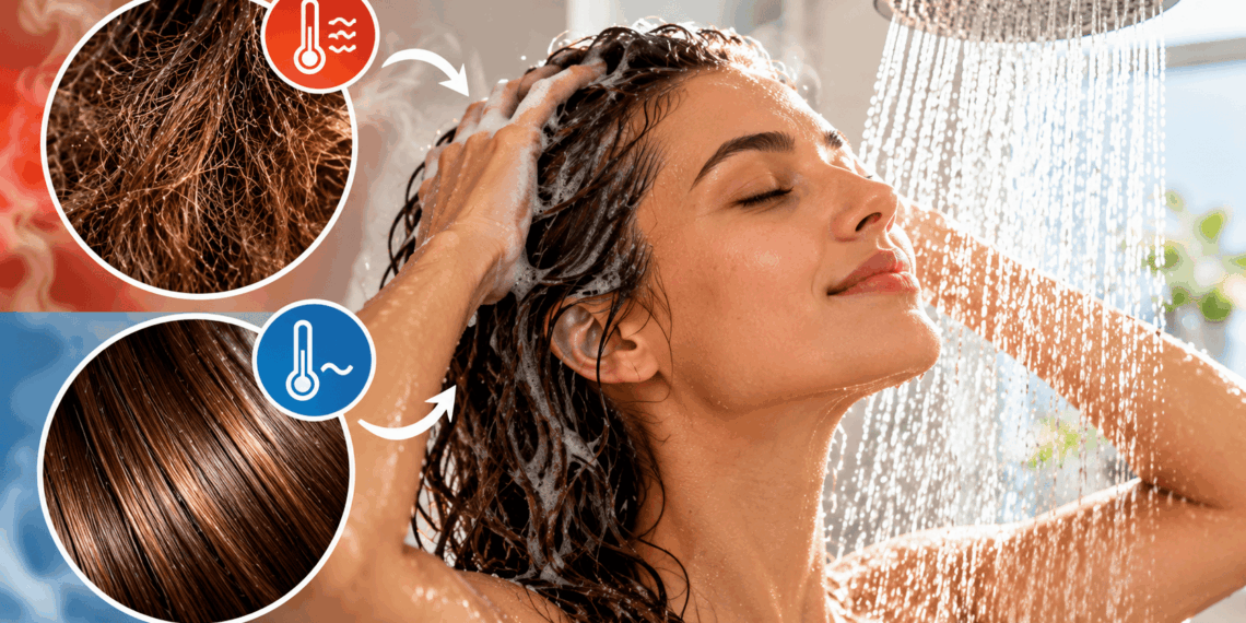 Mulher lavando os cabelos no chuveiro, com detalhes comparativos de fios ressecados e fios brilhantes, ilustrando a importância da temperatura da água na rotina capilar.