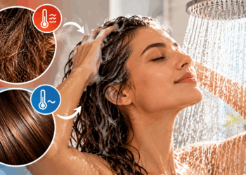 Mulher lavando os cabelos no chuveiro, com detalhes comparativos de fios ressecados e fios brilhantes, ilustrando a importância da temperatura da água na rotina capilar.