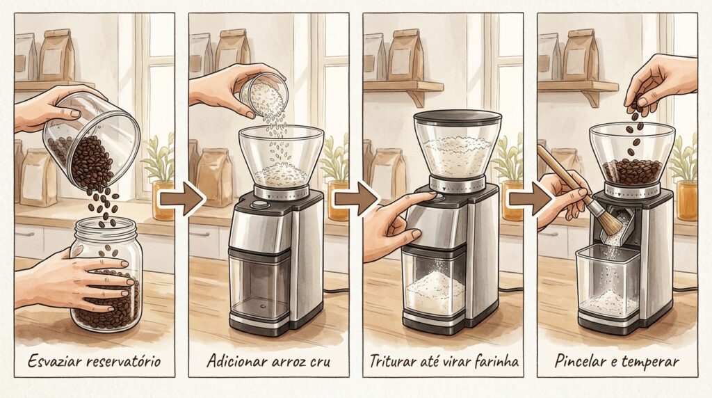 O moinho de café faz um ruído estranho e a bebida sabe a ranço? O arroz cru é a esponja que limpa as mós de aço
