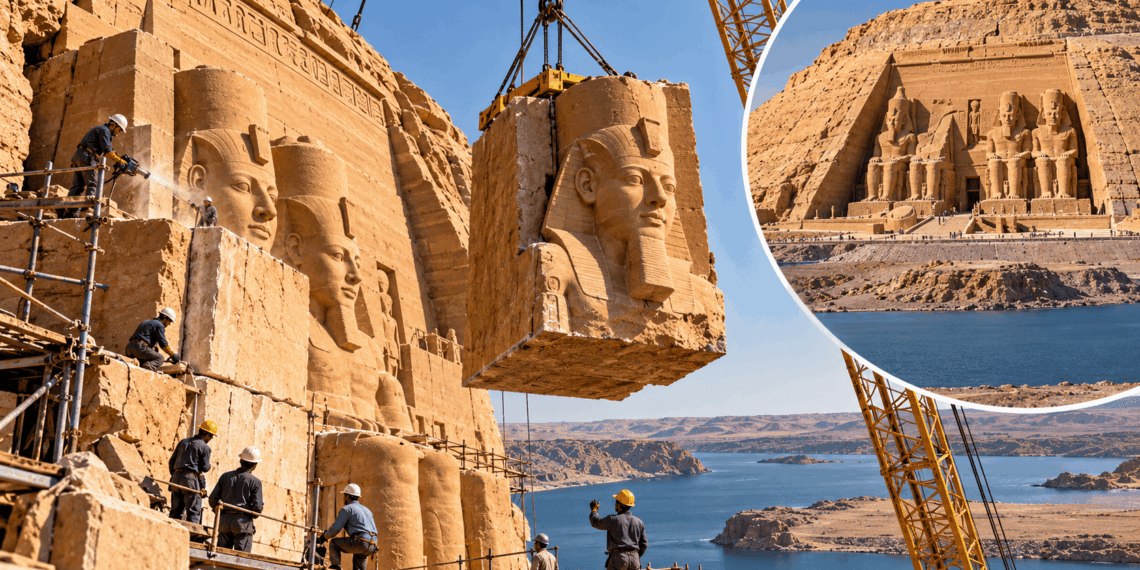 Engenheiros desmontam os monumentais templos de Abu Simbel durante a operação de transferência para um local mais elevado no Egito.