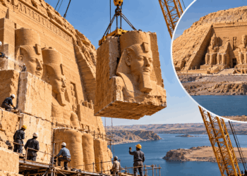 Engenheiros desmontam os monumentais templos de Abu Simbel durante a operação de transferência para um local mais elevado no Egito.